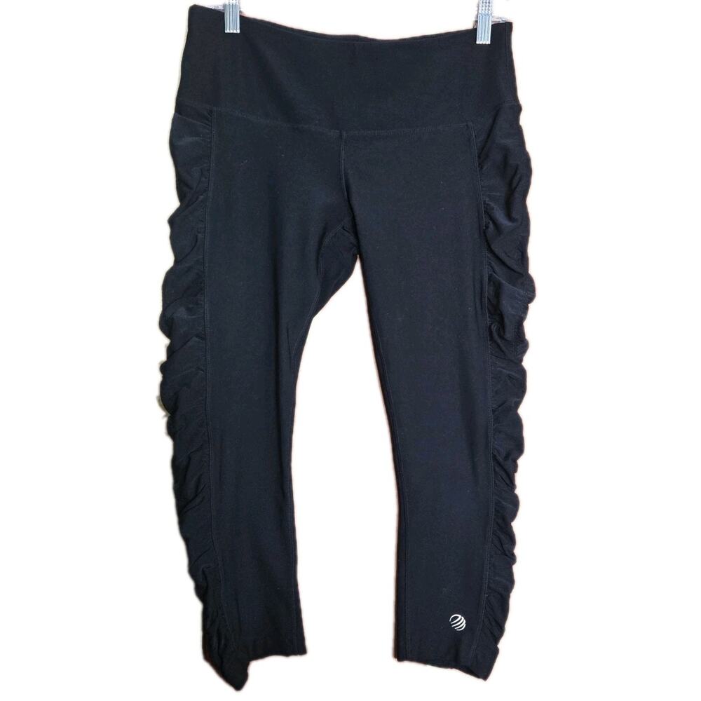 MPG Capri Leggings Women Med Black Stretch Ruched Athletic Gym Workout Pull-On
